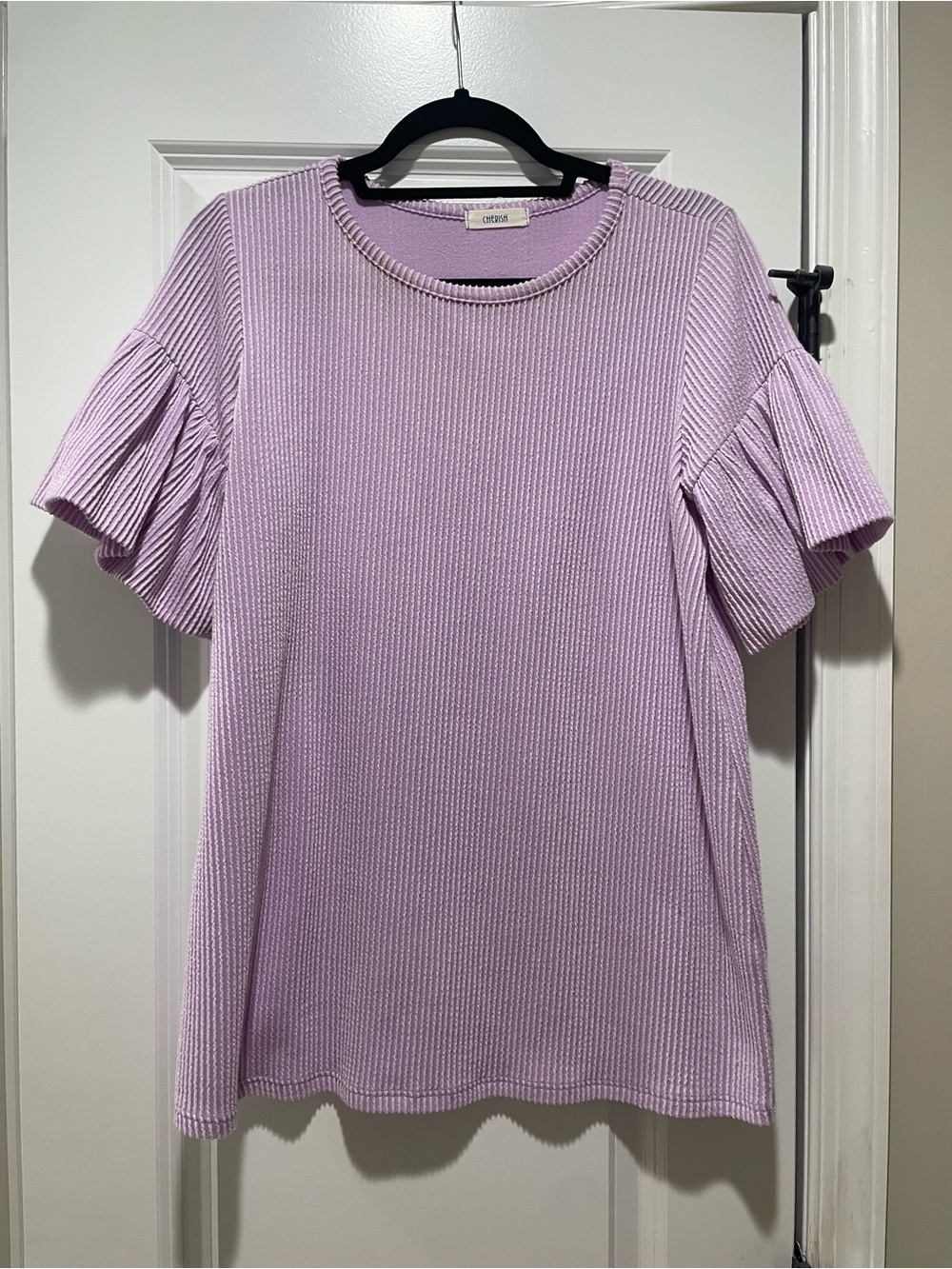 Boutique Lilac Ribbed Ruffle Sleeve Top